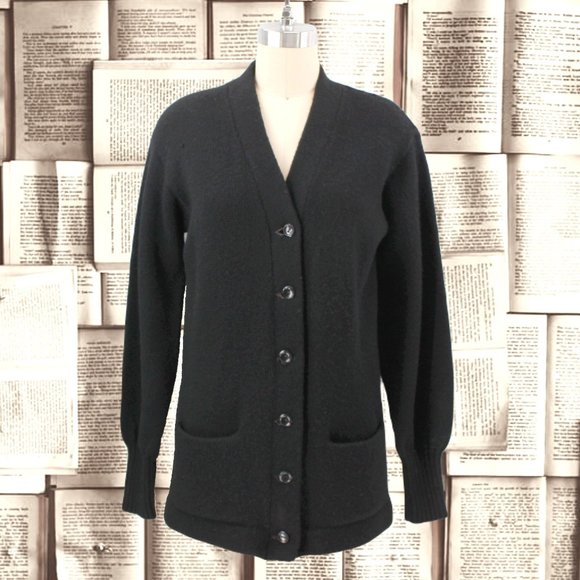 Vintage Sweaters - Vintage Letterman Sweater Black Knit V-neck Wool Cardigan Bishop Sleeves